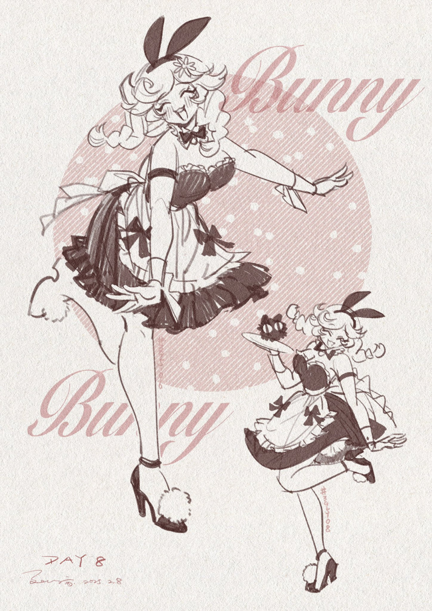 1girl, ^_^, abingbeey, animal_ears, apron, artist_name, bare_shoulders, breasts
