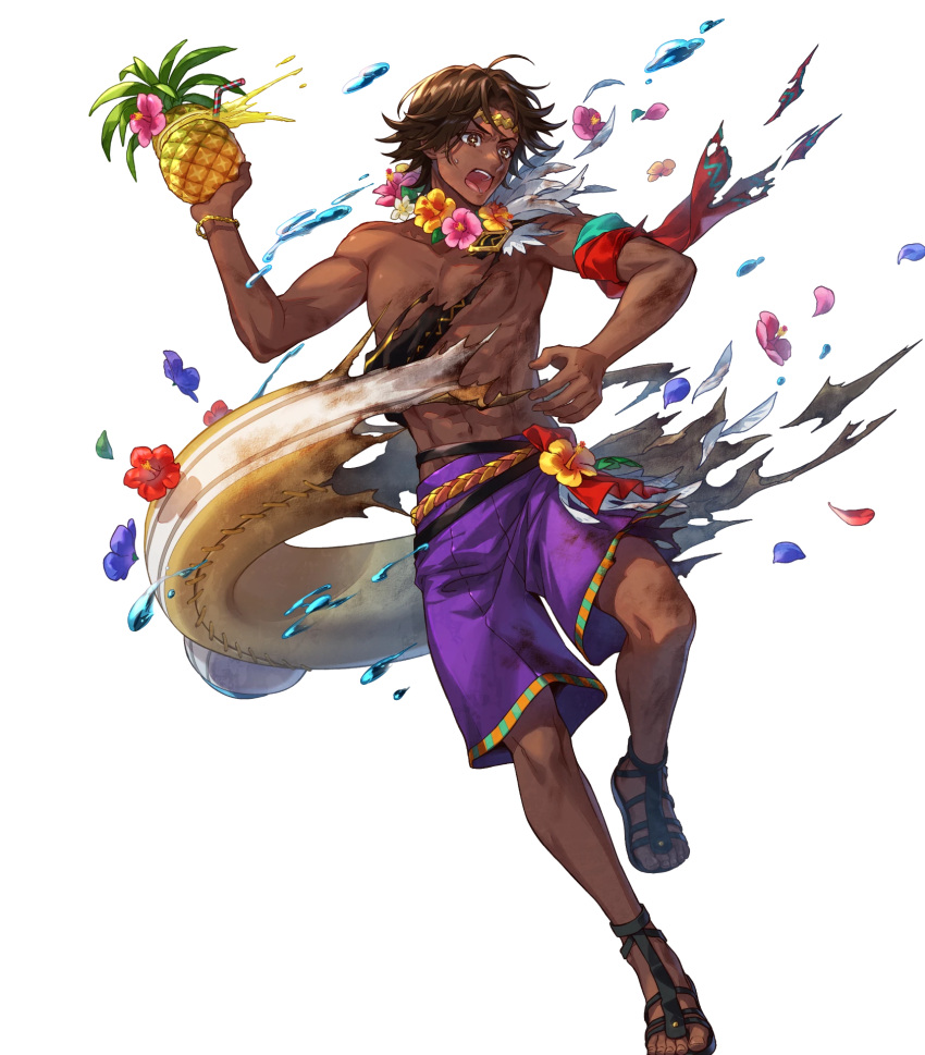 1boy, abs, attack, brown_eyes, brown_hair, damaged, dark-skinned_male, dark_skin, fire_emblem, fire_emblem_engage, fire_emblem_heroes, flower, flower_necklace, fogado_(fire_emblem), fogado_(summer)_(fire_emblem), food, fruit, highres, innertube, lei, male_swimwear, non-web_source, official_alternate_costume, official_art, open_mouth, parted_lips, pineapple, pointing, purple_swim_trunks, sandals, smile, solo, star-shaped_pupils, star_(symbol), swim_ring, swim_trunks, symbol-shaped_pupils, torn_clothes, transparent_background