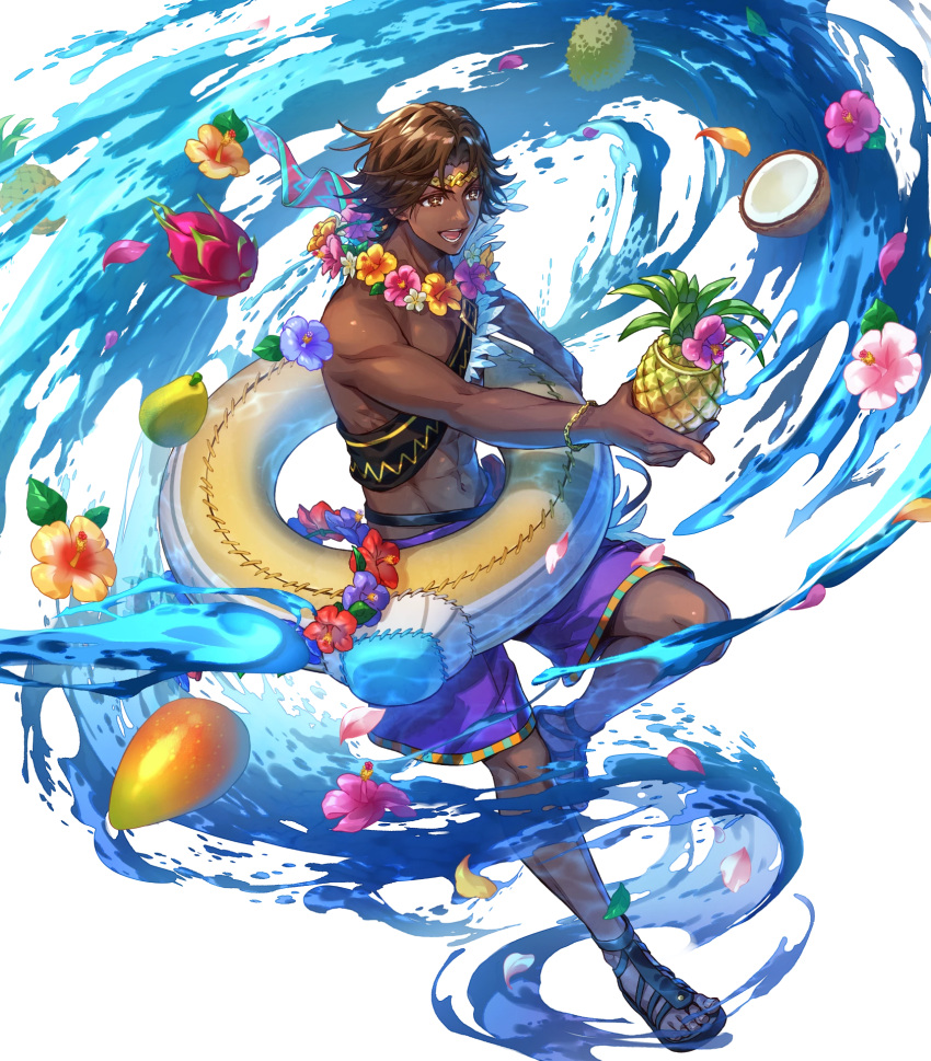 1boy, abs, attack, brown_eyes, brown_hair, dark-skinned_male, dark_skin, fire_emblem, fire_emblem_engage, fire_emblem_heroes, flower, flower_necklace, fogado_(fire_emblem), fogado_(summer)_(fire_emblem), food, fruit, highres, innertube, lei, male_swimwear, non-web_source, official_alternate_costume, official_art, open_mouth, pineapple, pointing, purple_swim_trunks, sandals, smile, solo, star-shaped_pupils, star_(symbol), swim_ring, swim_trunks, symbol-shaped_pupils, transparent_background, water