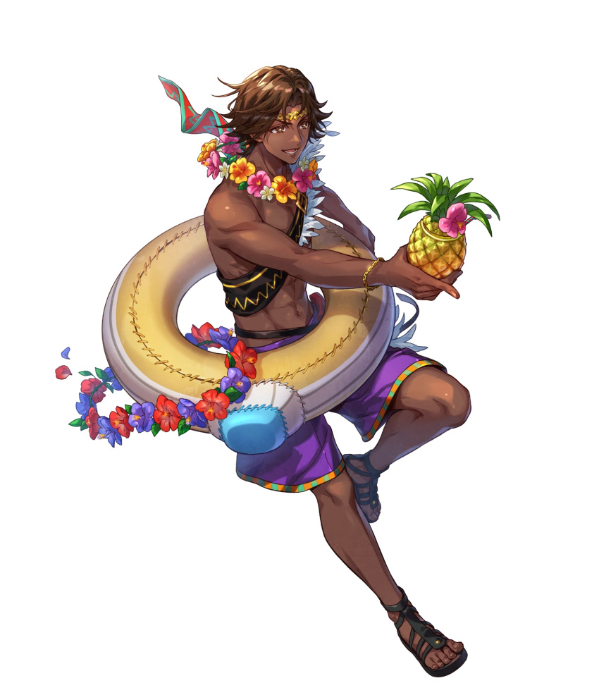 1boy, abs, attack, brown_eyes, brown_hair, dark-skinned_male, dark_skin, fire_emblem, fire_emblem_engage, fire_emblem_heroes, flower, flower_necklace, fogado_(fire_emblem), fogado_(summer)_(fire_emblem), food, fruit, highres, innertube, lei, male_swimwear, non-web_source, official_alternate_costume, official_art, parted_lips, pineapple, pointing, purple_swim_trunks, sandals, smile, solo, star-shaped_pupils, star_(symbol), swim_ring, swim_trunks, symbol-shaped_pupils, transparent_background