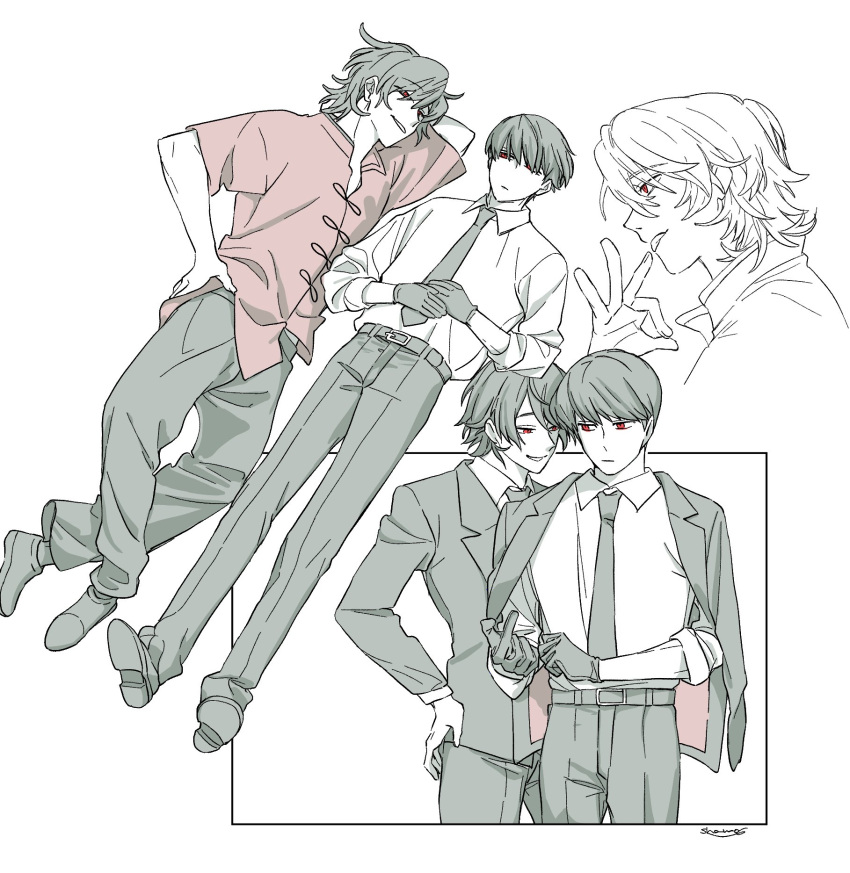 2boys, adjusting_clothes, belt, black_belt, black_gloves, black_hair, black_jacket, black_necktie