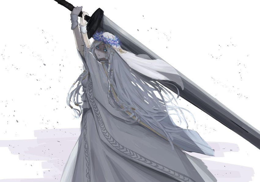 1girl, absurdres, blue_eyes, blue_flower, dress, elden_ring, elden_ring_nightreign, flower, flower_wreath, head_wreath, highres, holding, holding_sword, holding_weapon, huge_weapon, long_hair, looking_at_viewer, revenant_(elden_ring), shaded_face, sif221, simple_background, solo, sword, veil, weapon, white_background, white_dress, white_hair, white_veil