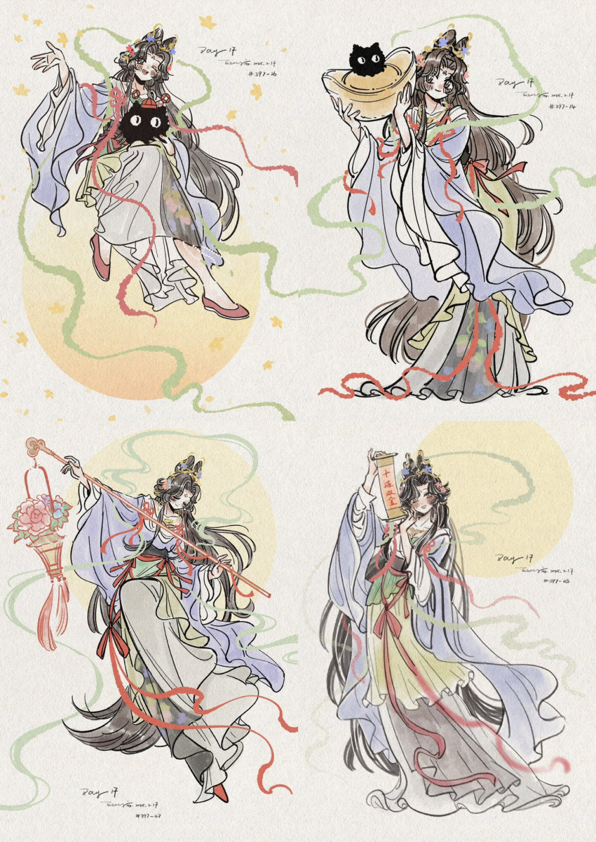 1girl, ;d, abingbeey, artist_name, black_hair, blue_eyes, carbuncle_(reverse:1999), chinese_clothes