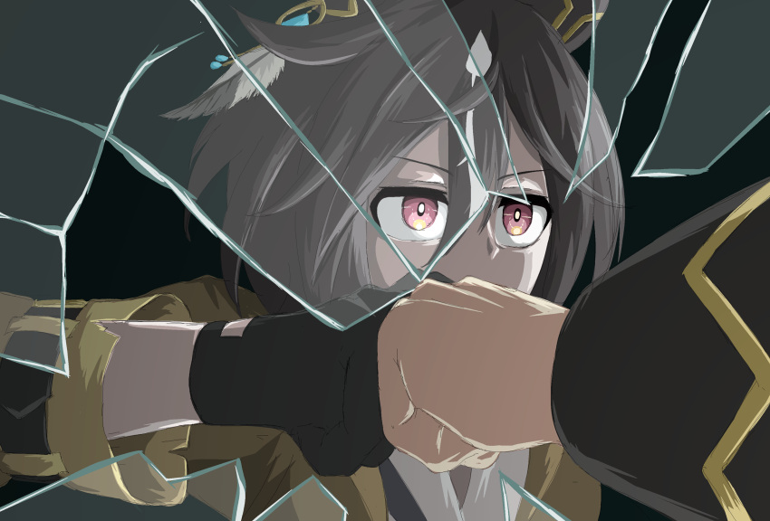 2girls, animal_ears, black_gloves, broken_mirror, brown_eyes, brown_hair, coat, commentary_request