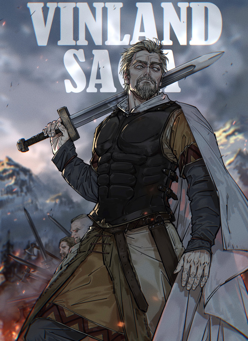 1boy, absurdres, armor, askeladd, battlefield, beard, cape, closed_mouth