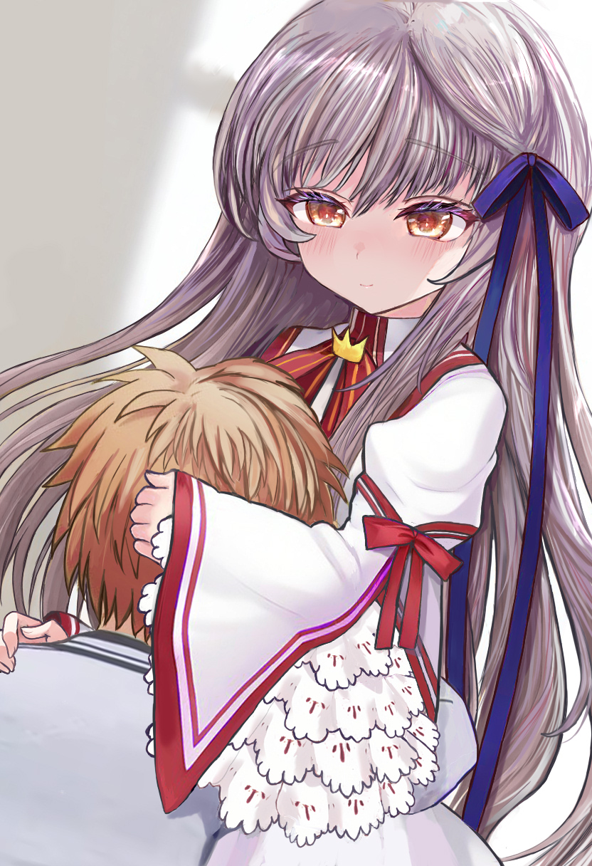 1boy, 1girl, blue_ribbon, blush, bow, brown_hair, closed_mouth, commentary_request