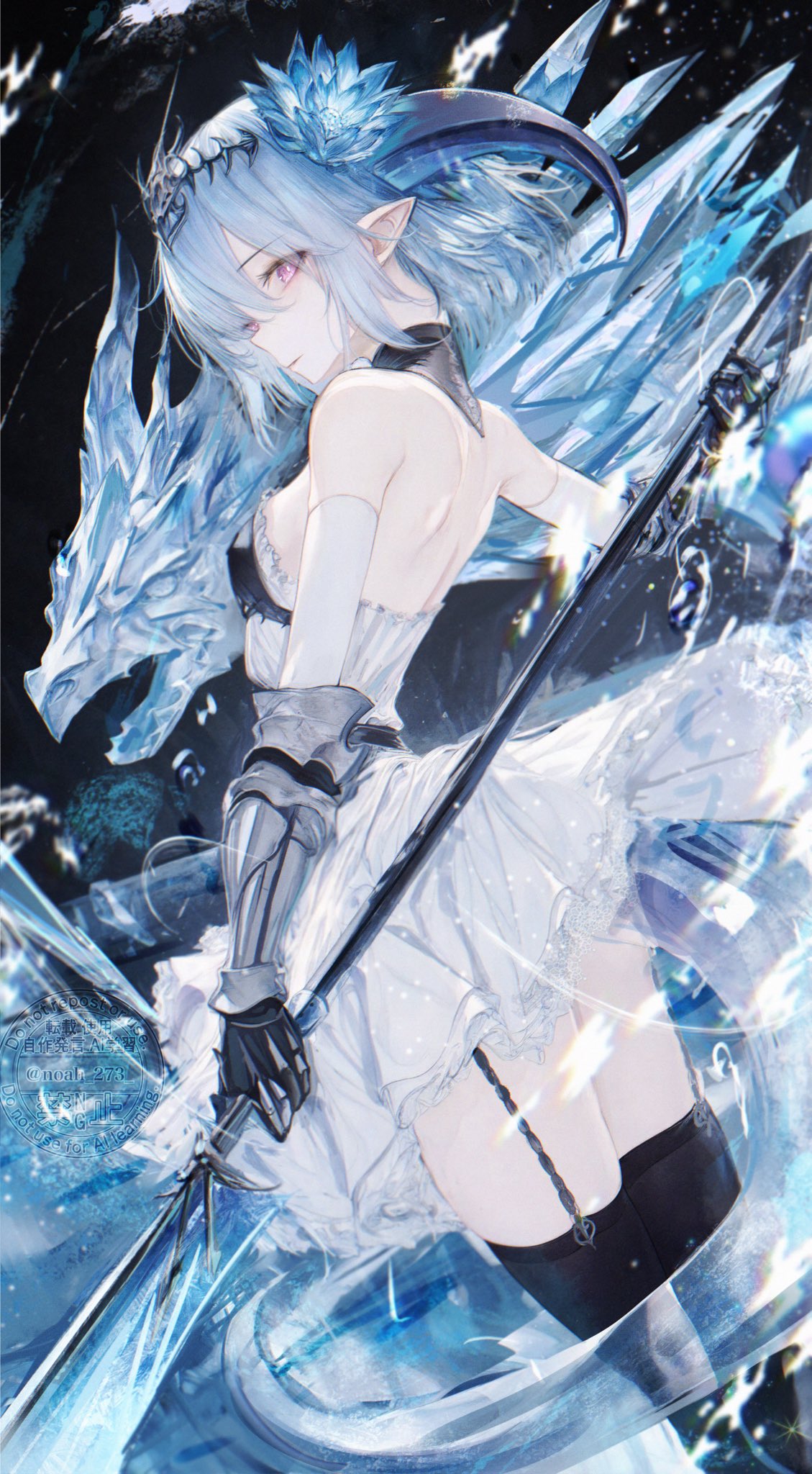 1girl, black_thighhighs, blue_flower, blue_hair, crystal_tail, dragon_girl, dragon_horns, dress, filene_(shadowverse), flower, garter_straps, gauntlets, hair_flower, hair_ornament, highres, holding, holding_polearm, holding_weapon, horns, medium_hair, pink_eyes, pointy_ears, polearm, renoahh, shadowverse, shadowverse:_worlds_beyond, solo, thigh-highs, weapon, white_dress
