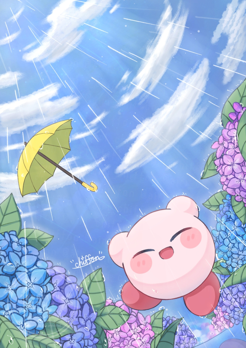 :d, airi_chiffon, blue_flower, blue_sky, blush_stickers, closed_eyes, clouds, commentary_request