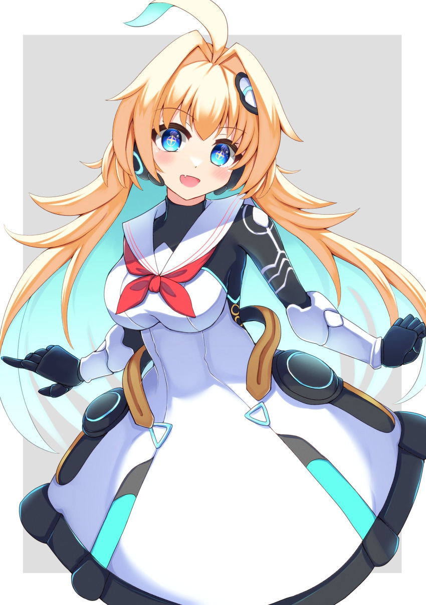 1girl, absurdres, ahoge, android, blonde_hair, blue_eyes, blue_hair, breasts