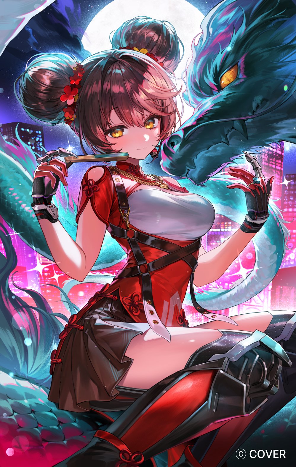 1girl, android, breasts, brown_hair, brown_skirt, chain, chain_necklace, chest_harness