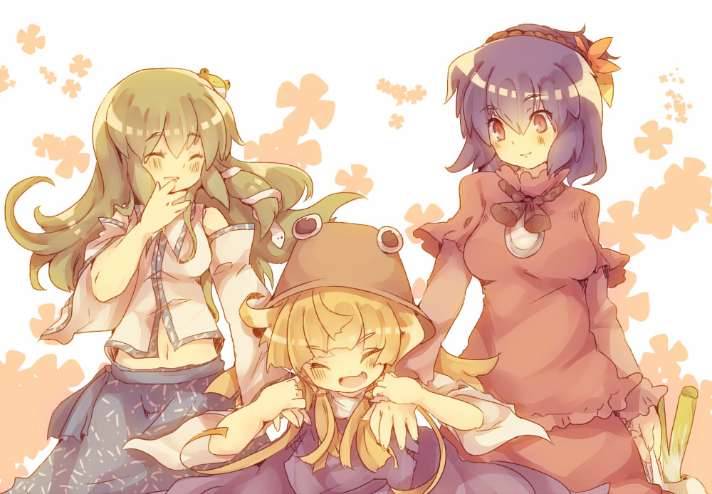 blue_hair, blush, closed_eyes, detached_sleeves, eyes_closed, fang, frog, green_hair, hand_holding, hand_to_mouth, hat, holding_hands, kochiya_sanae, masirosu, midriff, moriya_suwako, red_eyes, shopping, smile, spring_onion, touhou, yasaka_kanako