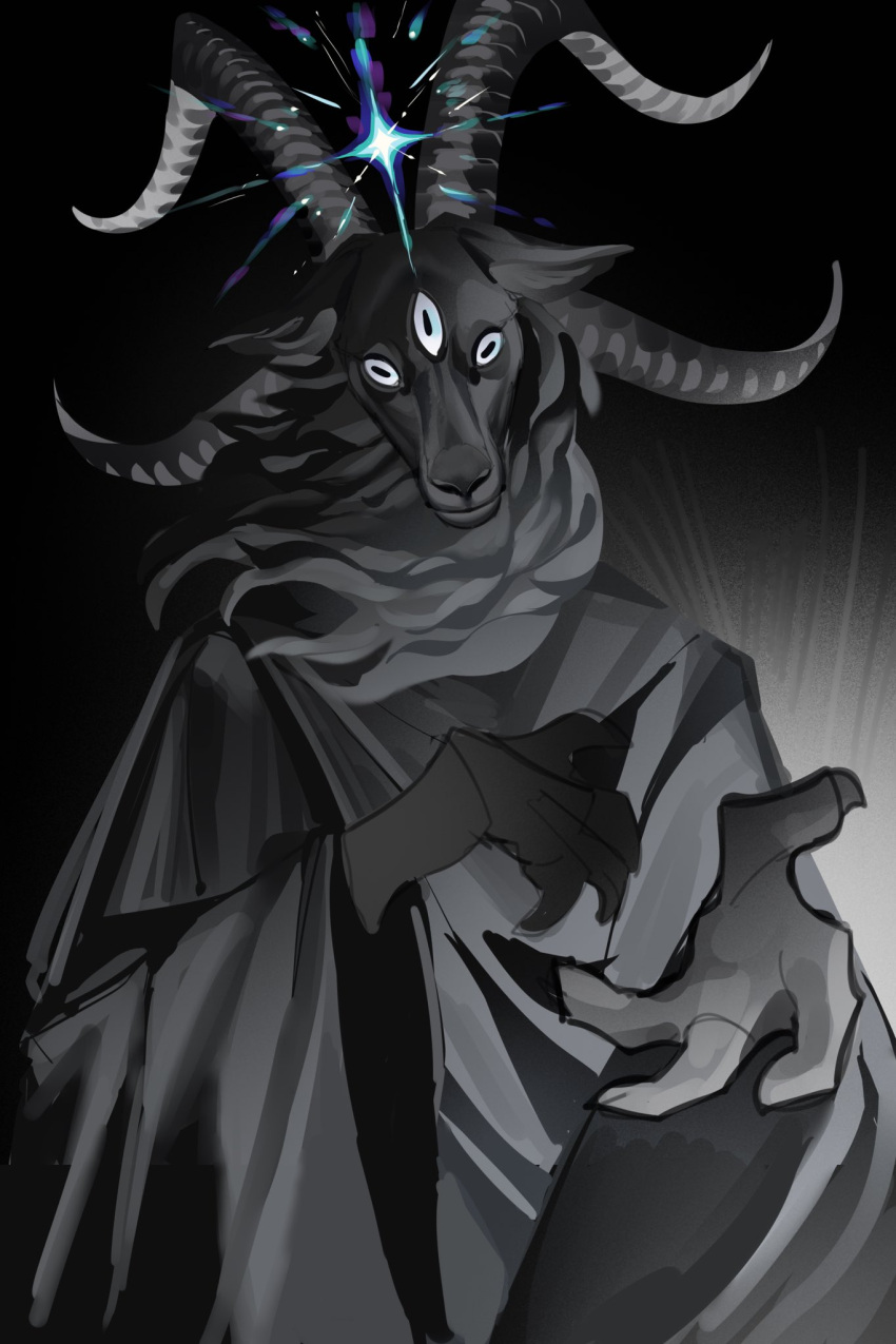 1other, animal_ears, black_background, black_fur, black_horns, black_robe, claws, furry