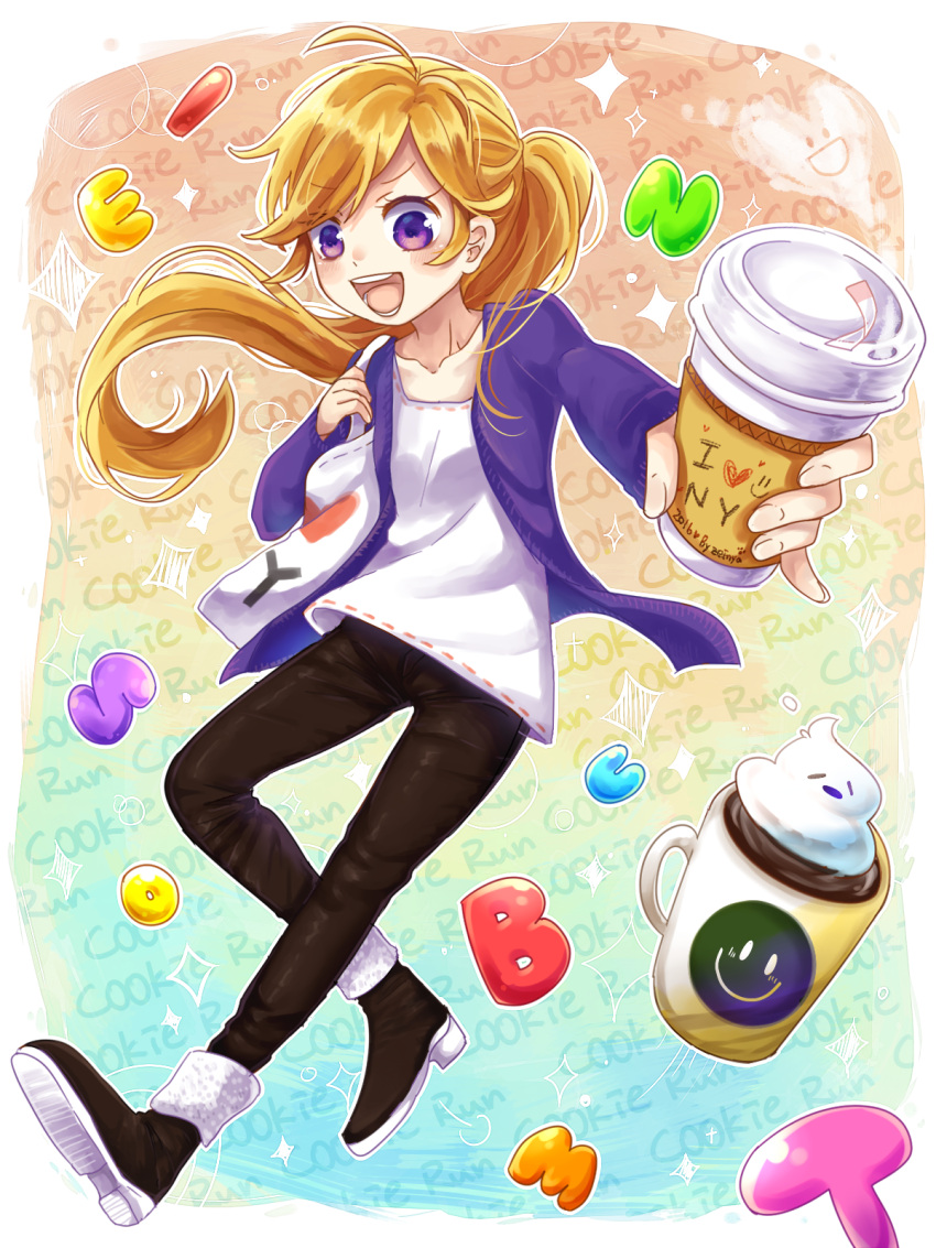 1girl, :d, ahoge, bag, blonde_hair, bonus_time_jellies, brown_pants, brown_shoes