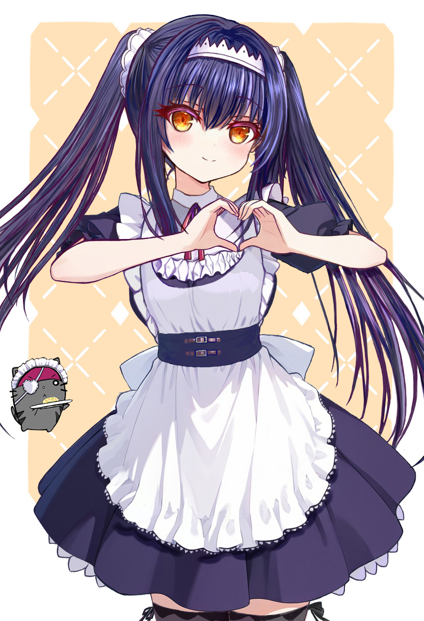 1girl, apron, black_dress, black_hair, black_thighhighs, blush, border, closed_mouth, commentary_request, cowboy_shot, dress, eyelashes, eyes_visible_through_hair, floating_hair, frilled_apron, frills, gensou_roukaku, hair_between_eyes, hands_up, happy, heart, heart_hands, highres, kushima_kamome, long_hair, looking_at_viewer, maid, maid_apron, maid_headdress, neck_ribbon, official_alternate_costume, official_alternate_hairstyle, orange_eyes, outside_border, puffy_short_sleeves, puffy_sleeves, red_ribbon, ribbon, short_sleeves, sidelocks, simple_background, smile, solo, split_mouth, straight_hair, summer_pockets, thigh-highs, twintails, very_long_hair, white_apron, white_border, yellow_background, zettai_ryouiki