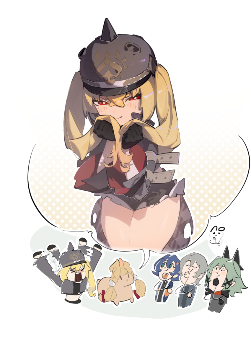 3girls, 4girls, belle_(zenless_zone_zero), black_gloves, black_jacket, black_shorts, blonde_hair, blue_hair