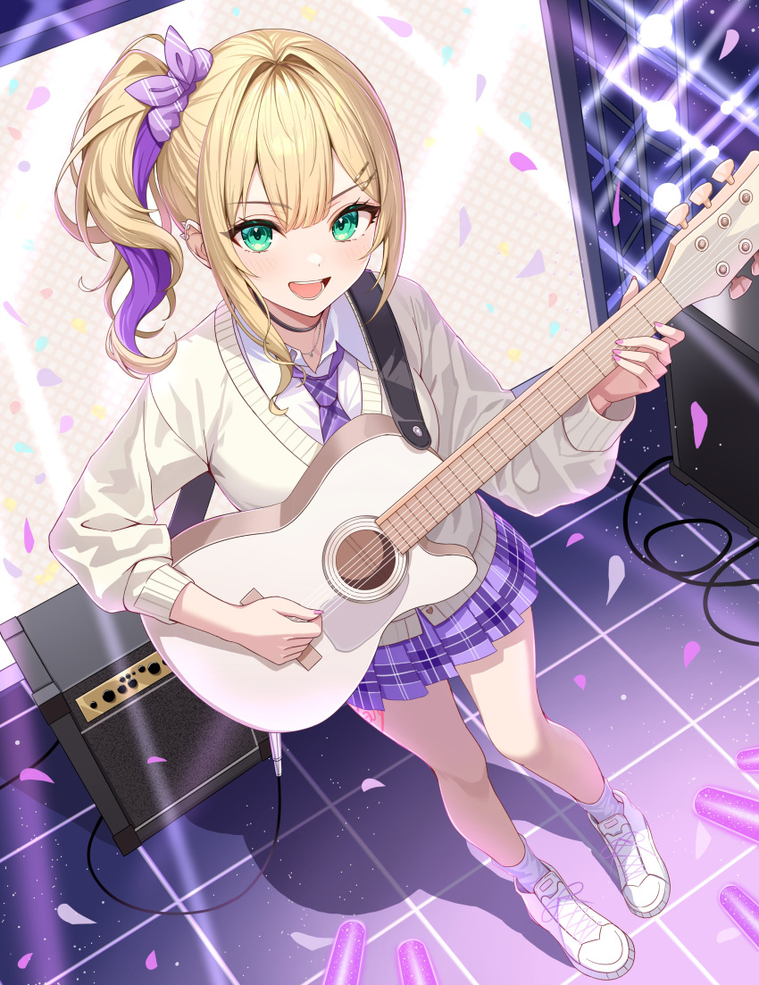 1girl, absurdres, blonde_hair, from_above, green_eyes, guitar, highres, holding