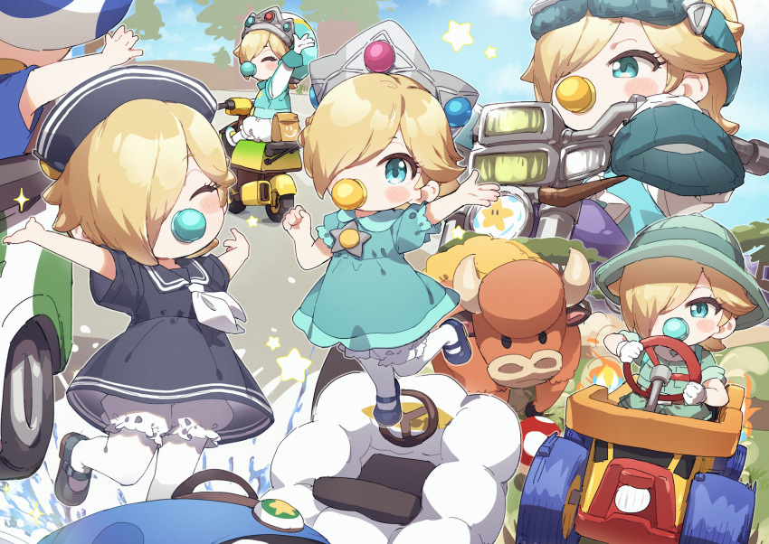 1girl, baby_rosalina, bicycle, blonde_hair, bloomers, blue_dress, blue_eyes, blue_hat, blue_sailor_collar, blue_shoes, blush_stickers, brooch, collared_dress, commentary, crown, dress, go-kart, hair_over_one_eye, hat, highres, jewelry, mario_kart, mario_kart_world, mary_janes, multiple_views, neckerchief, one_eye_covered, pacifier, pantyhose, riding, rosalina, sailor_collar, sailor_dress, sailor_hat, shoes, short_hair, standing, standing_on_one_leg, star_brooch, super_mario_bros., white_bloomers, white_neckerchief, white_pantyhose, yukie_(kusaka_shi)