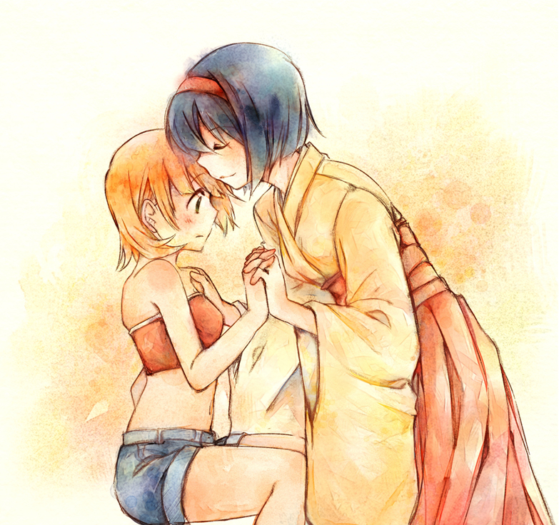 bare_shoulders, black_hair, blush, closed_eyes, denim, denim_shorts, embarrassed, erika_(pokemon)