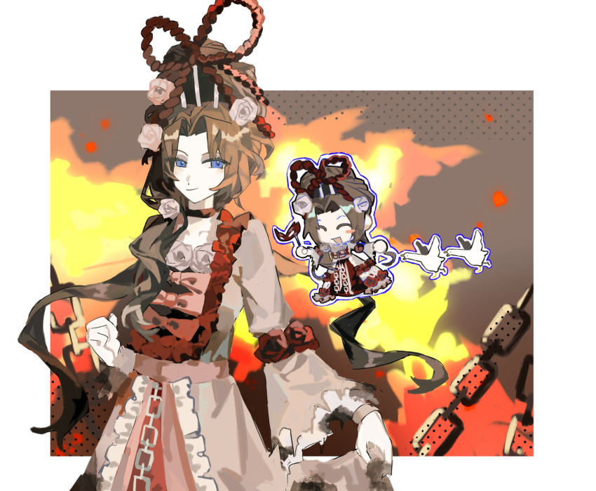 1girl, aaayamitsu, bird, blue_eyes, brown_hair, chain, chicken, closed_mouth