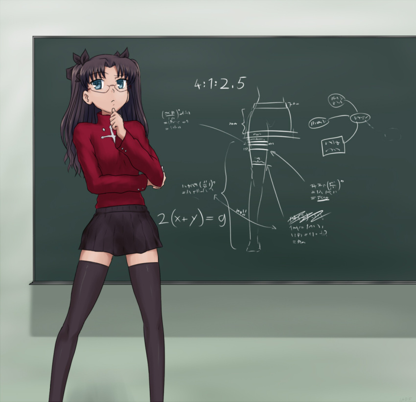 blue_eyes, chalkboard, drawfag, fate/stay_night, fate_(series), glasses, math, raised_eyebrow