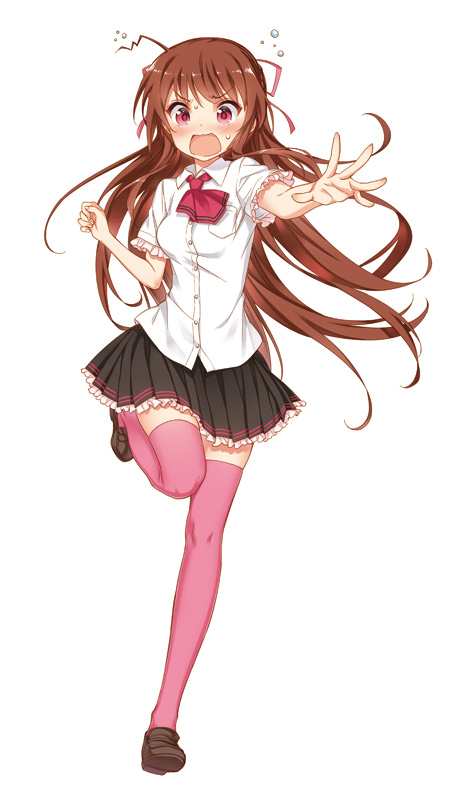 1girl, black_skirt, blush, brown_hair, brown_shoes, collared_shirt, full_body, hair_ribbon, kareshi_tte_doko_ni_ittara_kaemasuno!?, kayano_arika, kayou_(kayou-bi), loafers, long_hair, miniskirt, neckerchief, official_art, open_mouth, pink_thighhighs, pleated_skirt, red_eyes, red_neckerchief, red_ribbon, ribbon, running, school_uniform, shirt, shoes, short_sleeves, simple_background, skirt, solo, summer_uniform, surprised, sweatdrop, thigh-highs, white_background, white_shirt