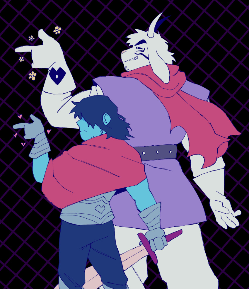 1boy, 1other, animal_ears, asriel_dreemurr, black_sclera, c0smicsurfin, closed_mouth, colored_sclera, deltarune, english_commentary, flower, furry, furry_male, goat_boy, goat_ears, goat_horns, grin, hair_over_eyes, heart, highres, holding, holding_sword, holding_weapon, horns, kris_(dark_world)_(deltarune), kris_(deltarune), pointing, pointing_to_the_side, smile, sword, weapon