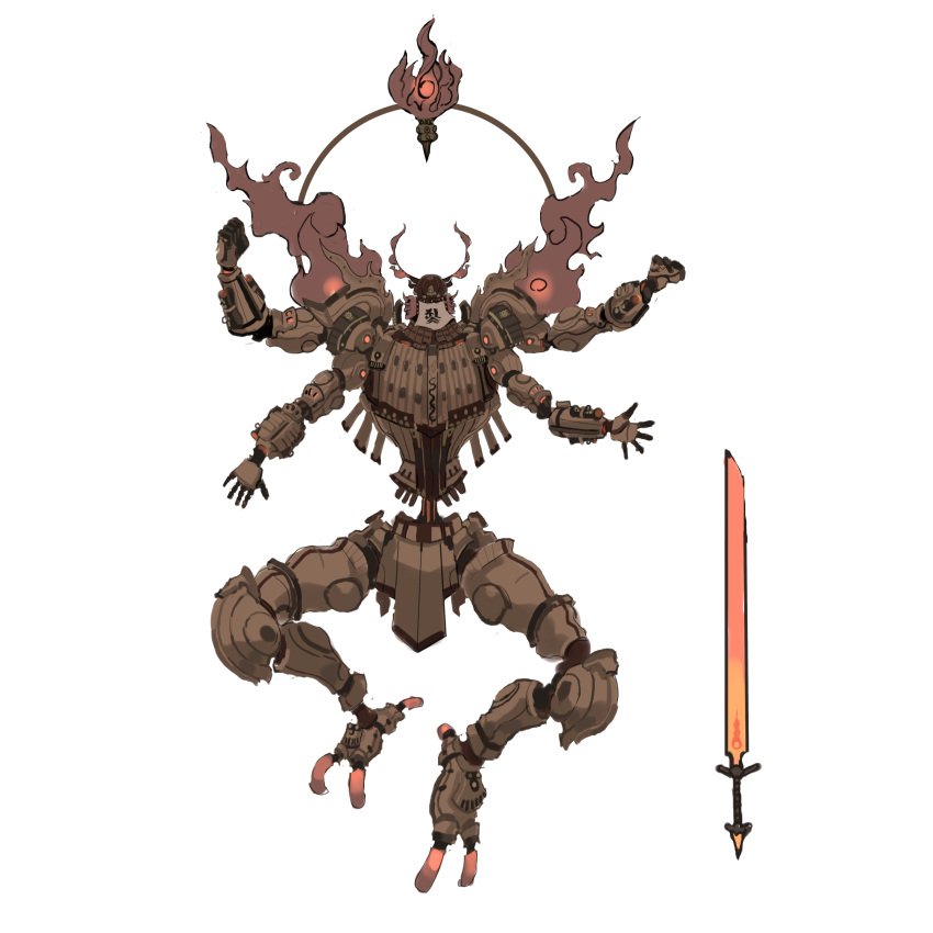 absurdres, armor, creature, extra_arms, fire, full_body, glowing, glowing_weapon, highres, horns, machine, monte_tako, original, other_focus, simple_background, solo, sword, weapon, white_background
