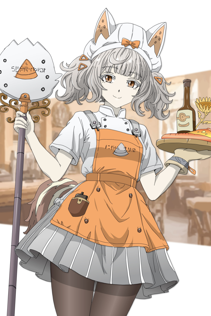 1girl, absurdres, apron, black_pantyhose, blurry, blurry_background, bottle, closed_mouth