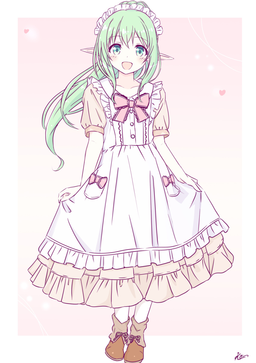 1girl, apron, cecile_leica_engel_berglund, elf, green_eyes, green_hair, highres, iris_mysteria!