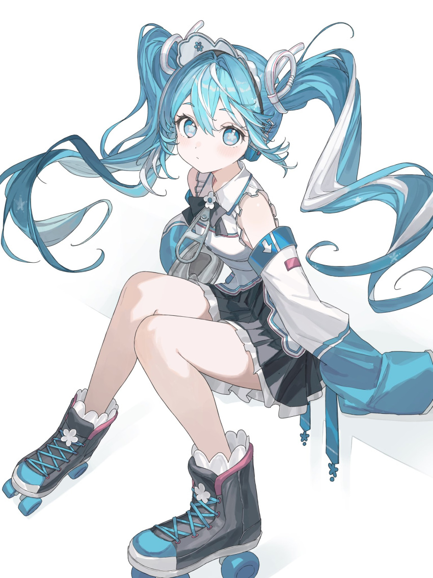 1girl, bare_shoulders, black_boots, black_bow, black_bowtie, black_hairband, black_skirt, blue_eyes