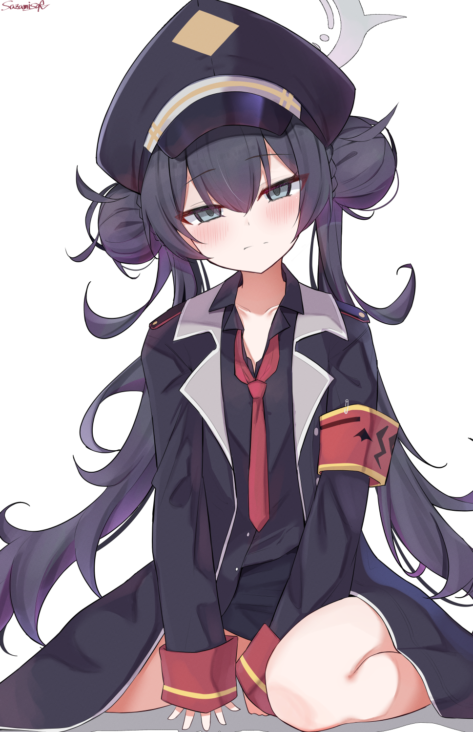 1girl, armband, black_coat, black_hat, black_shirt, blue_archive, braid, braided_bun