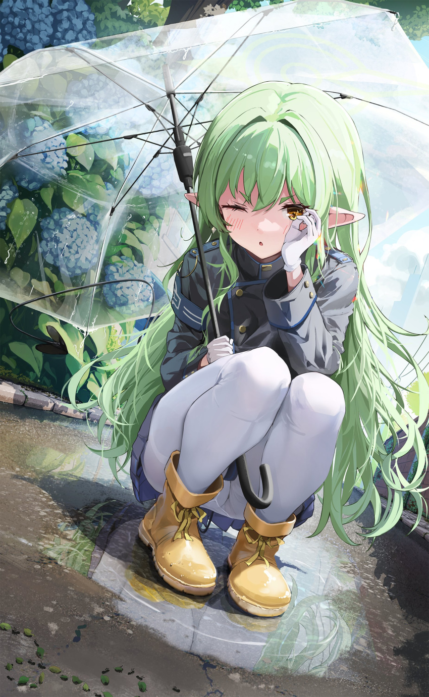 1girl, absurdres, black_tail, blue_archive, boots, gloves, green_hair, haine_(artist)