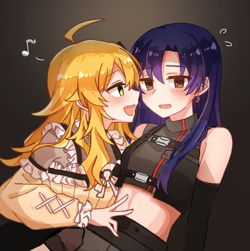 2girls, ahoge, blonde_hair, blue_hair, blush, brown_eyes, chiwawa174, earrings, eighth_note, flying_sweatdrops, green_eyes, highres, hoshii_miki, idolmaster, idolmaster_(classic), jewelry, kisaragi_chihaya, long_hair, long_sleeves, looking_at_another, midriff, multiple_girls, musical_note, open_mouth, sleeveless, spoken_musical_note, yuri