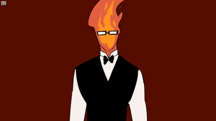 1boy, 2016, 2d, animated, animated_gif, black_bowtie, black_vest, bowtie, digital_media, elemental_(creature), fire, fire_elemental, flaming_head, glasses, grillby, hiyakim, humanoid, magic, male, male_focus, male_only, monster, monster_boy, no_mouth, orange_skin, pyrokinesis, red_background, simple_background, solo, undertale, uniform, upper_body, utdr_(toby_fox), vest