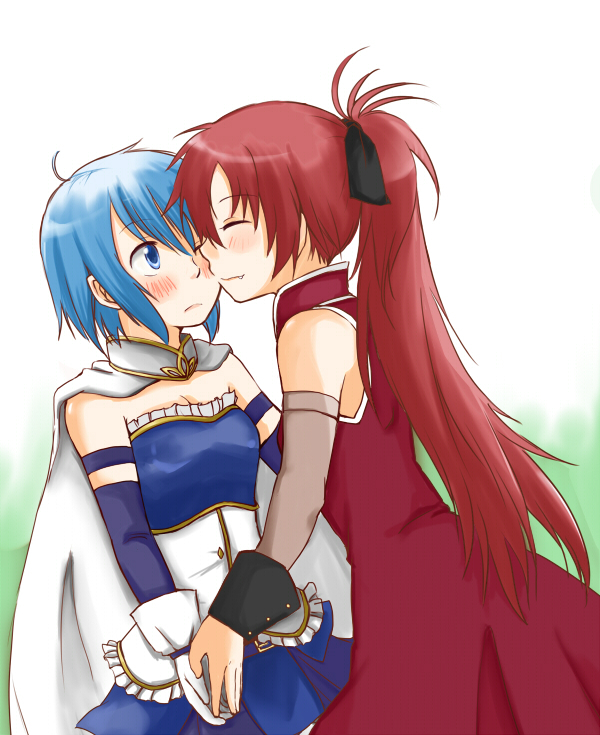 beni_shouga, blue_eyes, blue_hair, blush, bow, cape, closed_eyes, eyes_closed