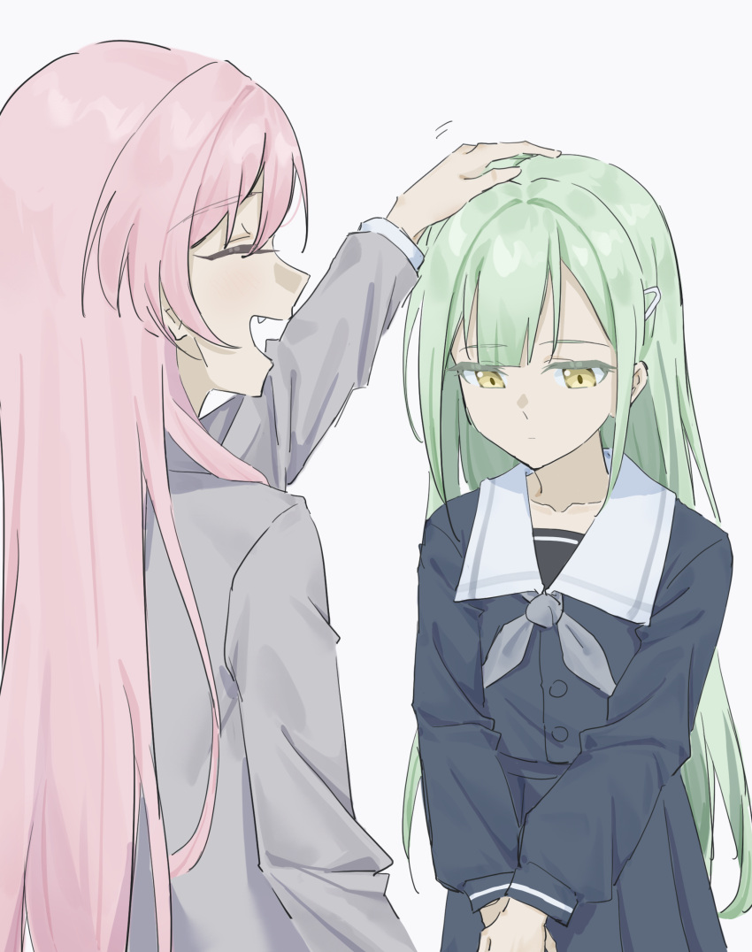 2girls, absurdres, bang_dream!, bang_dream!_it's_mygo!!!!!, blue_shirt, blue_skirt, chihaya_anon, chinese_commentary, closed_eyes, commentary_request, fang, green_hair, grey_jacket, grey_neckerchief, hair_ornament, hairclip, haneoka_school_uniform, headpat, highres, jacket, long_hair, multiple_girls, neckerchief, ns68914ly0019, open_mouth, pink_hair, pleated_skirt, school_uniform, shirt, simple_background, skirt, tsukinomori_school_uniform, wakaba_mutsumi, white_background, yellow_eyes
