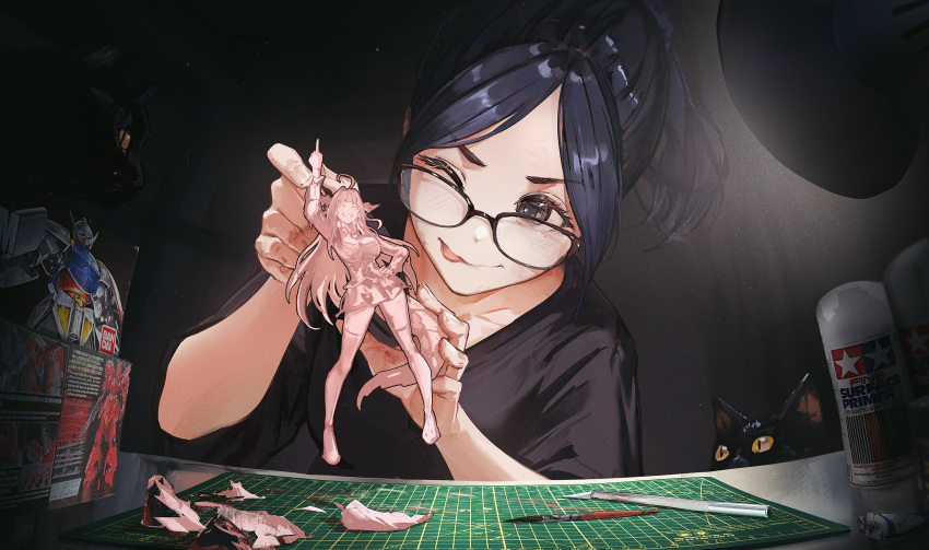 1girl, absurdres, black_cat, black_eyes, black_hair, black_shirt, cat, closed_mouth, figure, glasses, gundam, gunpla, highres, hololive, hololive_english, hyde_(tabakko), kiryu_coco, kiryu_coco_(1st_costume), kson, looking_at_viewer, model_kit, shirt, solo, tongue, tongue_out, virtual_youtuber, vshojo
