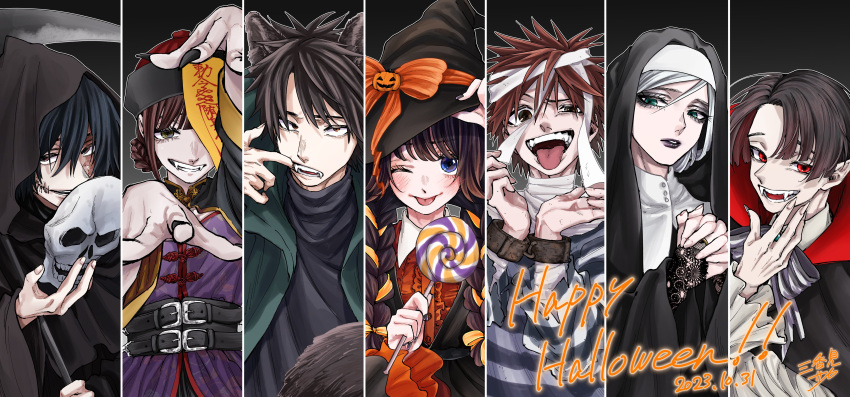 3girls, 4boys, ;p, absurdres, belt, belt_buckle, black_belt, black_hair