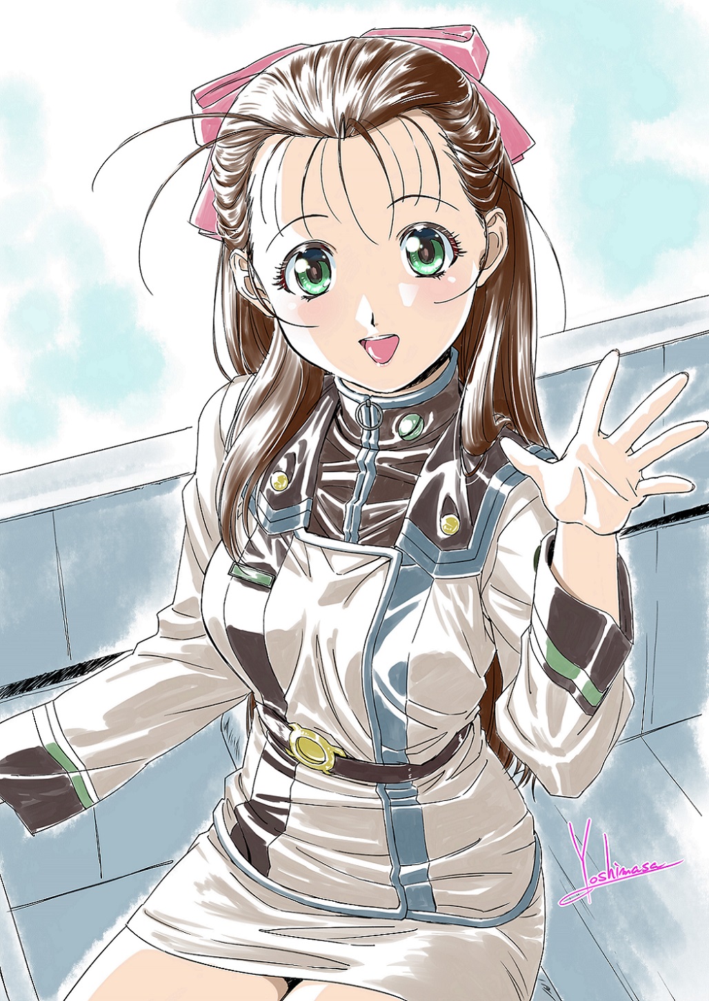 1girl, belt, birthday, black_belt, bow, breasts, brown_hair, commentary, green_eyes, hair_bow, hair_over_shoulder, half_updo, hand_up, high_collar, highres, long_hair, looking_at_viewer, macross, macross_7, medium_breasts, miho_miho, military_uniform, miniskirt, open_hand, open_mouth, pencil_skirt, pink_bow, shirt, sitting, skirt, smile, solo, teeth, upper_teeth_only, very_long_hair, waving, white_shirt, yoshinaga_masahiro