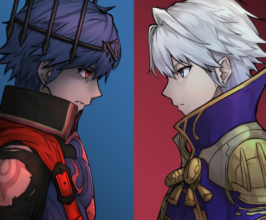 2boys, armor, blue_background, blue_hair, brand_of_the_exalt, brown_eyes, chrom_(fell_exalt)_(fire_emblem), chrom_(fire_emblem), closed_mouth, commentary_request, crown, dark_persona, fire_emblem, fire_emblem_awakening, fire_emblem_cipher, fire_emblem_heroes, from_side, highres, male_focus, male_robin_(exalt's_other_half)_(fire_emblem), male_robin_(fire_emblem), multiple_boys, red_background, red_eyes, serious, shaded_face, short_hair, shoulder_armor, two-tone_background, white_hair, zuzu_(ywpd8853)