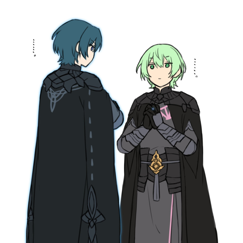2boys, armor, armored_gloves, black_cape, black_gloves, blue_aura, blue_eyes, cape