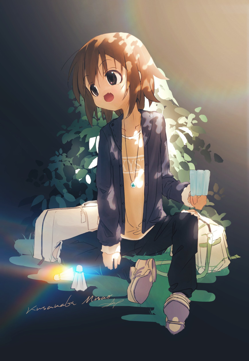1girl, absurdres, ap04astral, black_background, black_jacket, black_pants, brown_eyes, brown_hair