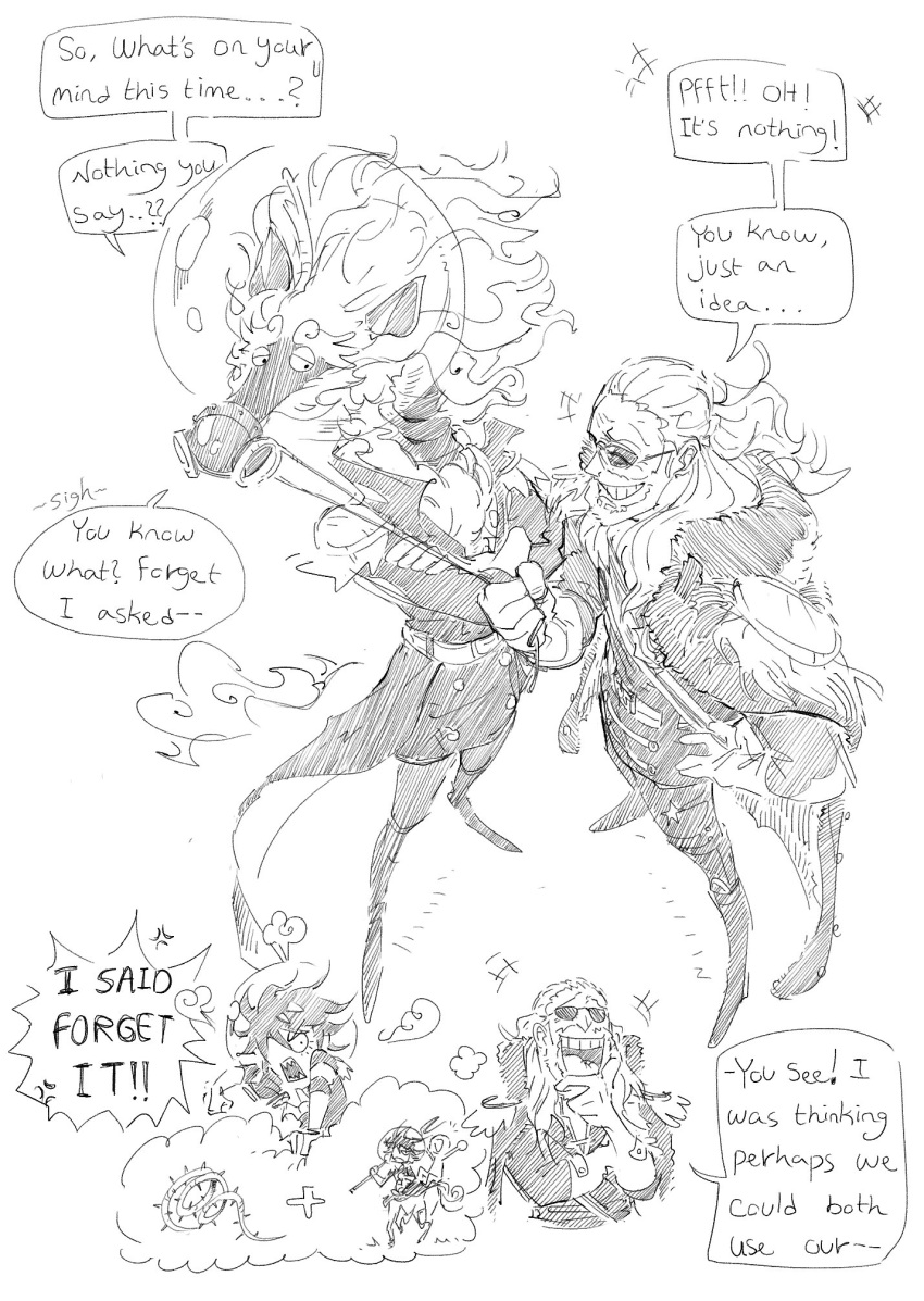 2boys, angry, ascot, beard, black_cape, black_hair, boots, cape