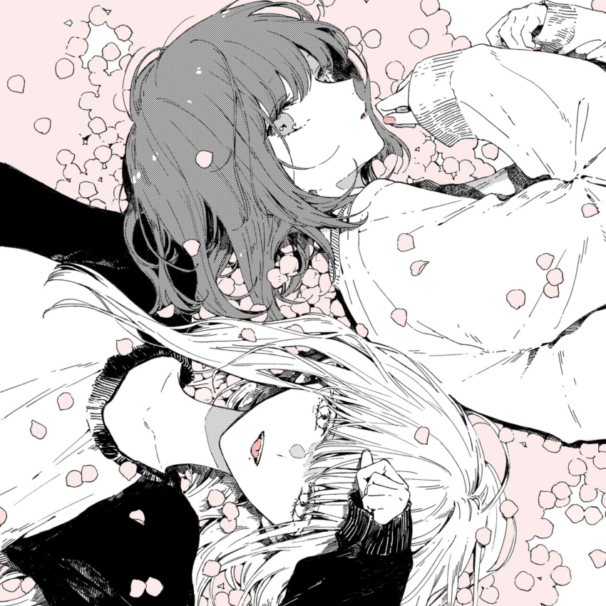 2girls, clenched_hand, greyscale, highres, kakmxxxny06, kono_koi_wo_hoshi_ni_wa_negawanai, kurokawa_kisaki, lying