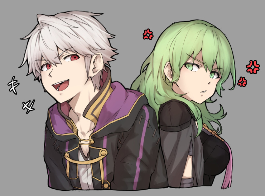 1boy, 1girl, anger_vein, annoyed, back-to-back, black_robe, breasts, commentary_request