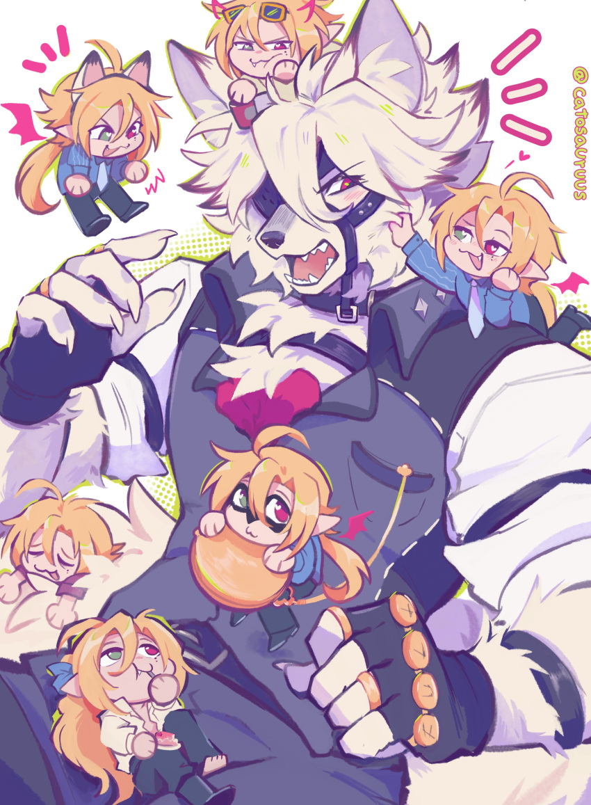 2boys, absurdres, animal_ears, artist_name, ascot, black_gloves, blonde_hair, blue_necktie