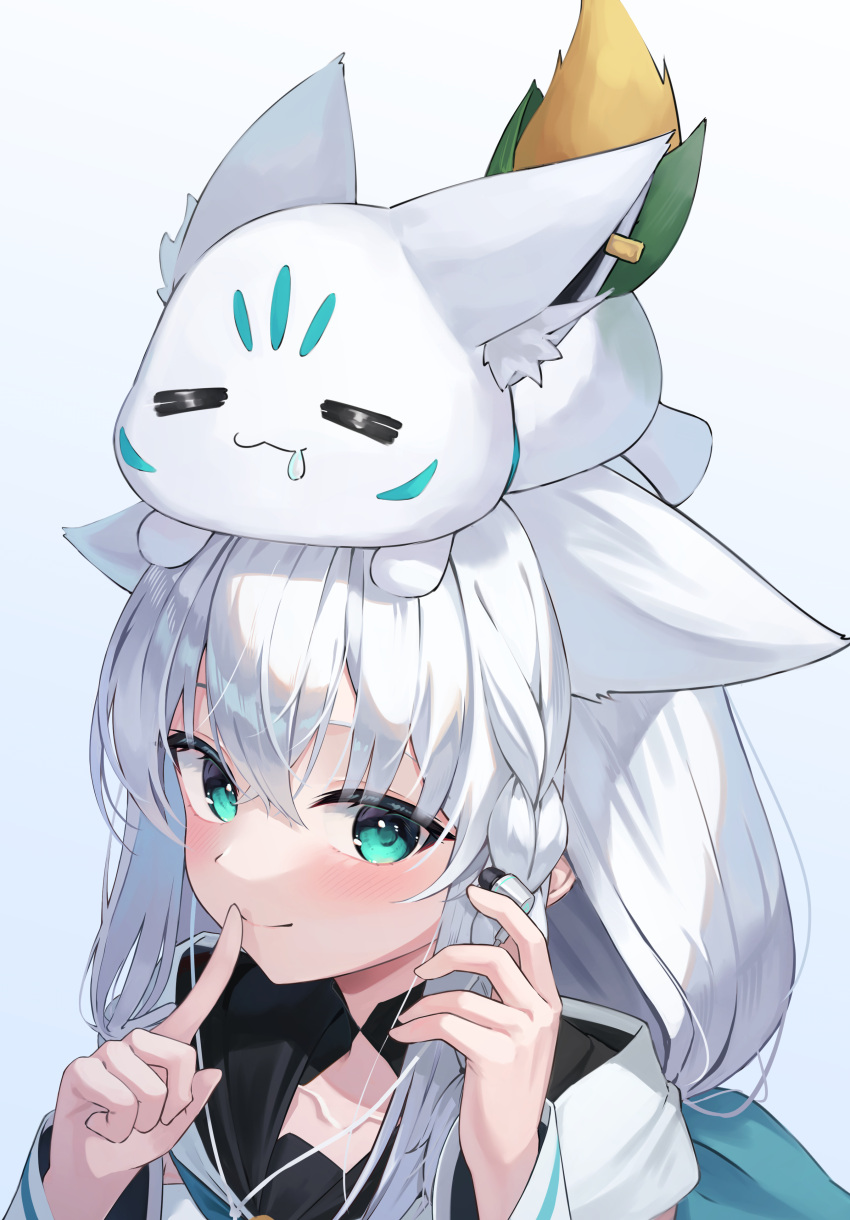 1girl, absurdres, animal_ears, animal_on_head, aqua_eyes, braid, earphones, earphones