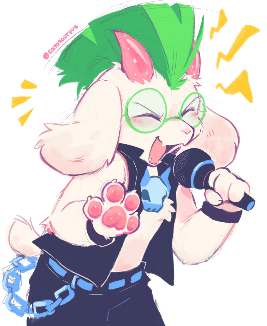 1boy, absurdres, animal_ears, artist_name, black_pants, black_shirt, catosauruus, chain, claws, closed_eyes, deltarune, fangs, furry, furry_male, goat_boy, goat_ears, goat_horns, highres, holding, holding_microphone, horns, jewelry, male_focus, microphone, mohawk, necklace, open_clothes, open_mouth, open_shirt, pants, pawpads, ralsei, round_eyewear, shirt, skin_fangs, skull_necklace, sleeveless, sleeveless_shirt, white_background