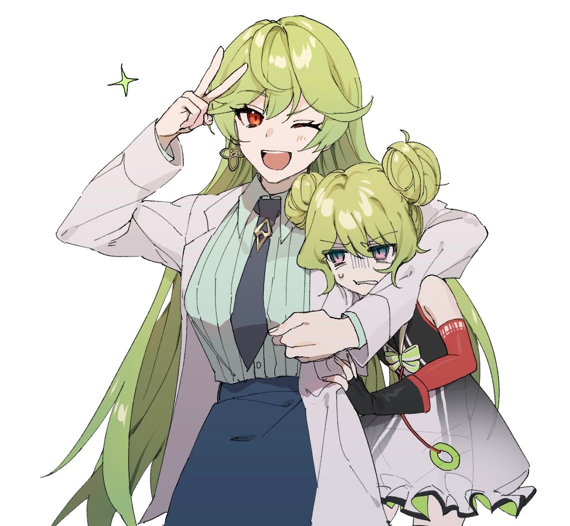 2girls, ;d, ai-chan_(honkai_impact), ai-chan_(honkai_impact)_(cosplay), black_gloves, black_necktie, black_skirt, coat