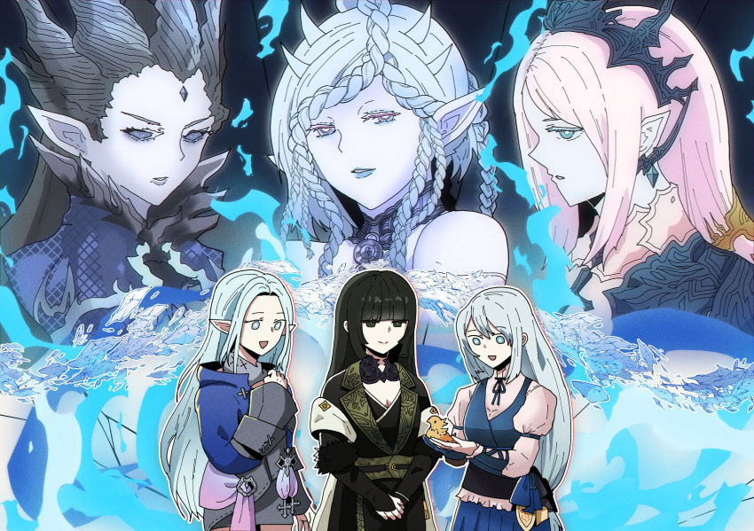 3girls, animal, baby_animal, bird, black_hair, chick, chocobo, dual_persona, elezen, elf, final_fantasy, final_fantasy_xiv, final_fantasy_xv, final_fantasy_xvi, forehead_jewel, gentiana, grey_hair, highres, holding, holding_animal, holding_bird, horns, in-franchise_crossover, jill_warrick, long_hair, multiple_girls, pale_skin, pointy_ears, power_connection, ry_mangdung, shiva_(final_fantasy), tiara, trait_connection, very_long_hair, ysayle_dangoulain